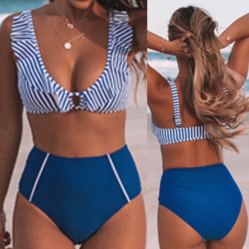 High waisted Blue striped Bikini